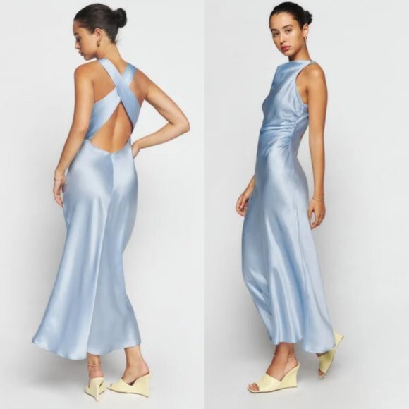 Reformation Dresses & Skirts - NWT Reformation Casette Midi Silk Dress Sz 10 Blue Horizon Open Back Cut-out
